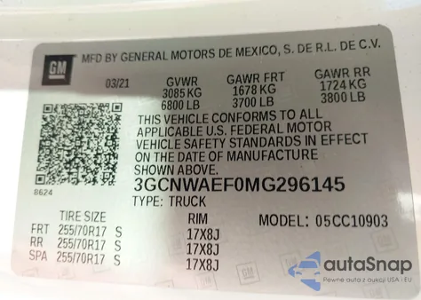 2021 Chevrolet Silverado 1500 2Wd Long Bed Wt z USA, uszkodzony, nr VIN 3GCNWAEF0MG296145